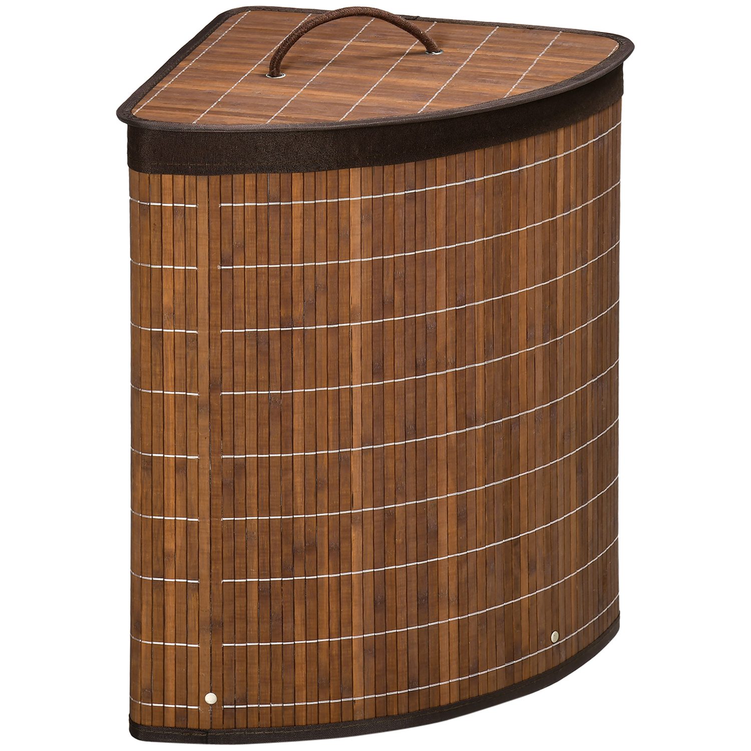 Bamboo corner laundry basket with lid, 55 litre, brown finish — fits into the angled space where two walls meet in a UK bathroom or bedroom corner