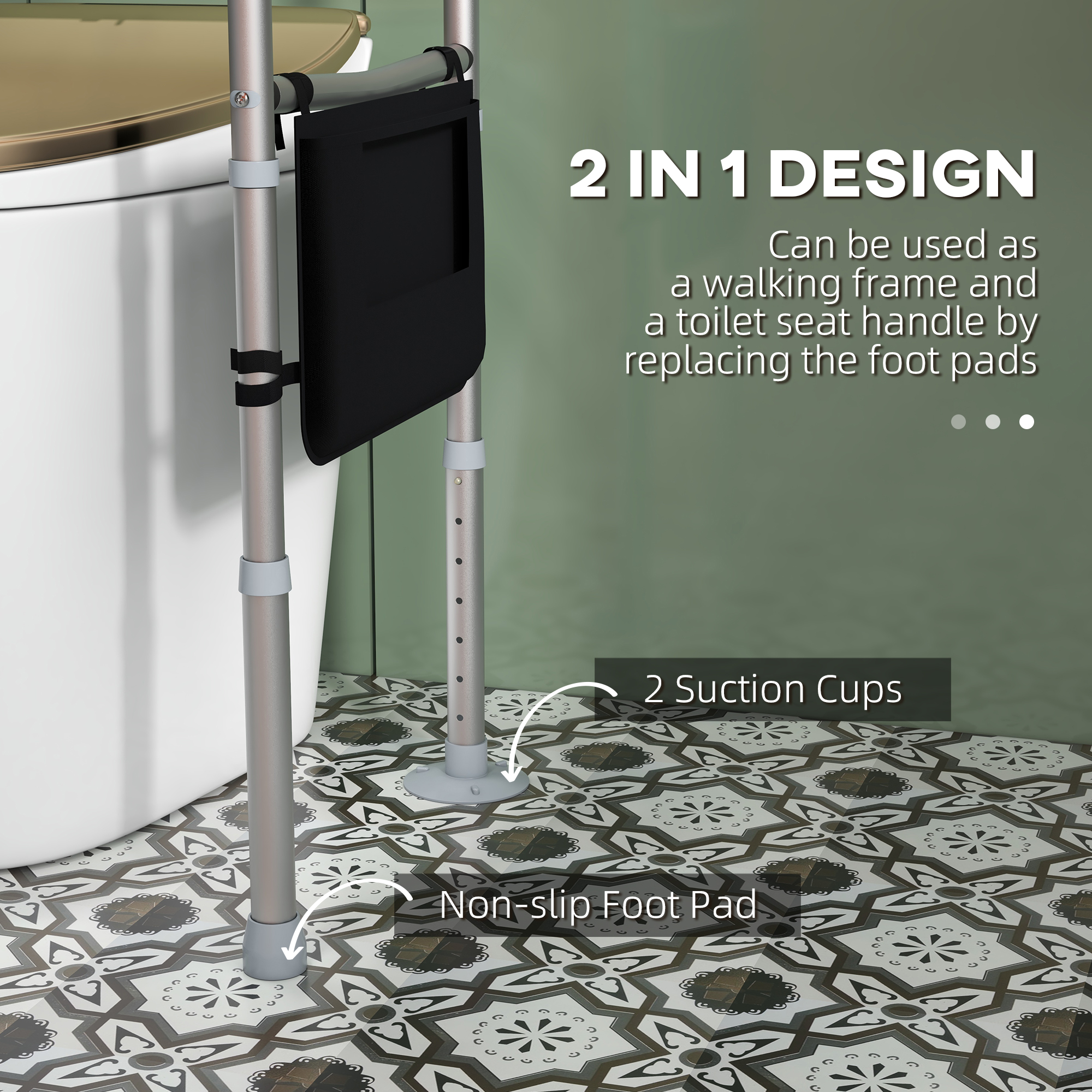 A white aluminium toilet safety frame with two padded grab arms standing on either side of a toilet, plus a fabric storage pouch.