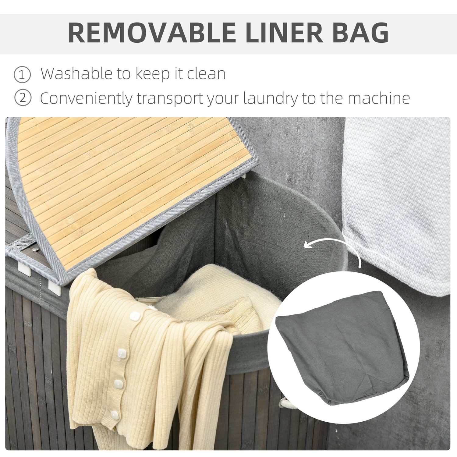 Sort laundry neatly in a grey bamboo 100 litre hamper