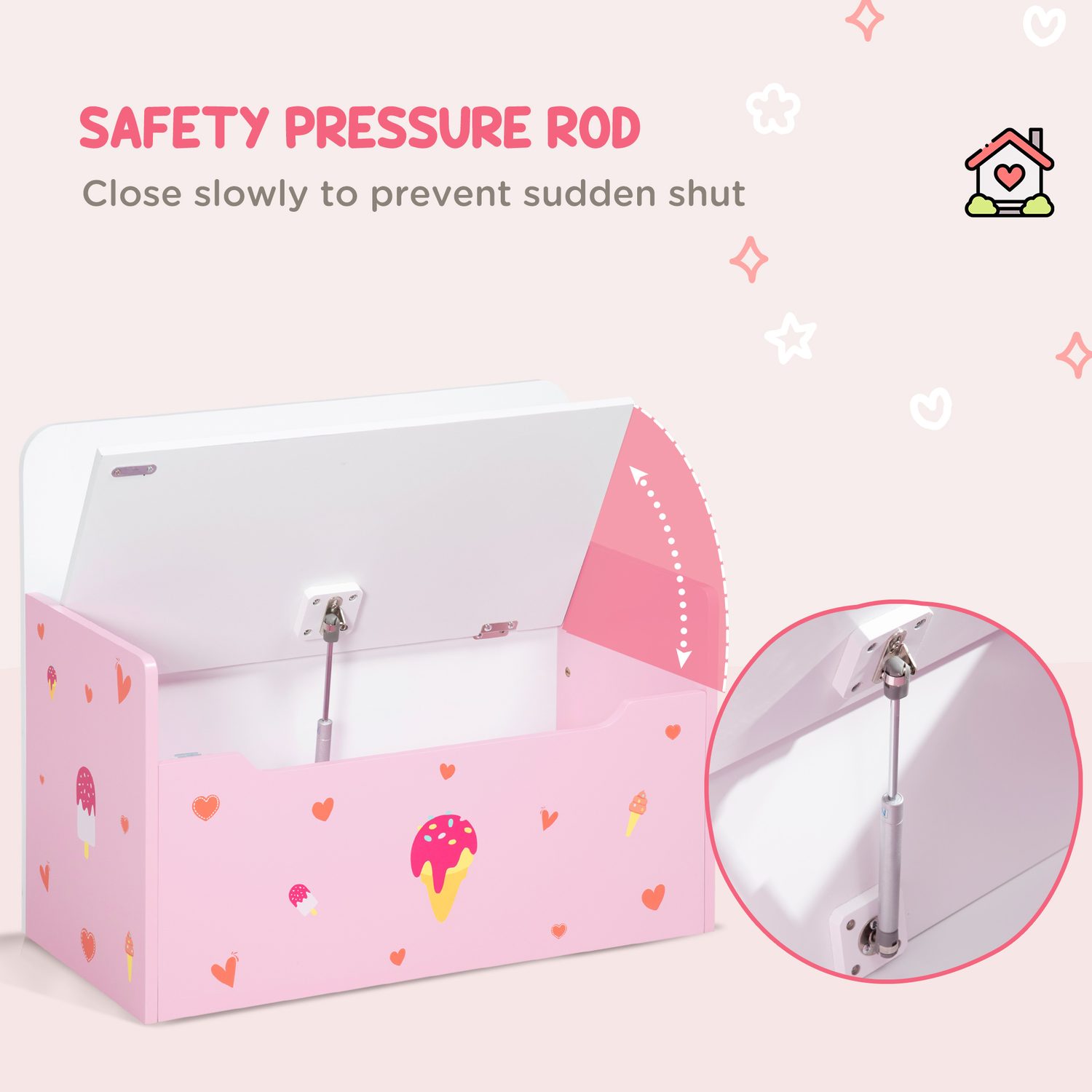 Children's Pink Toy Box and Storage Bench with Safety Lid