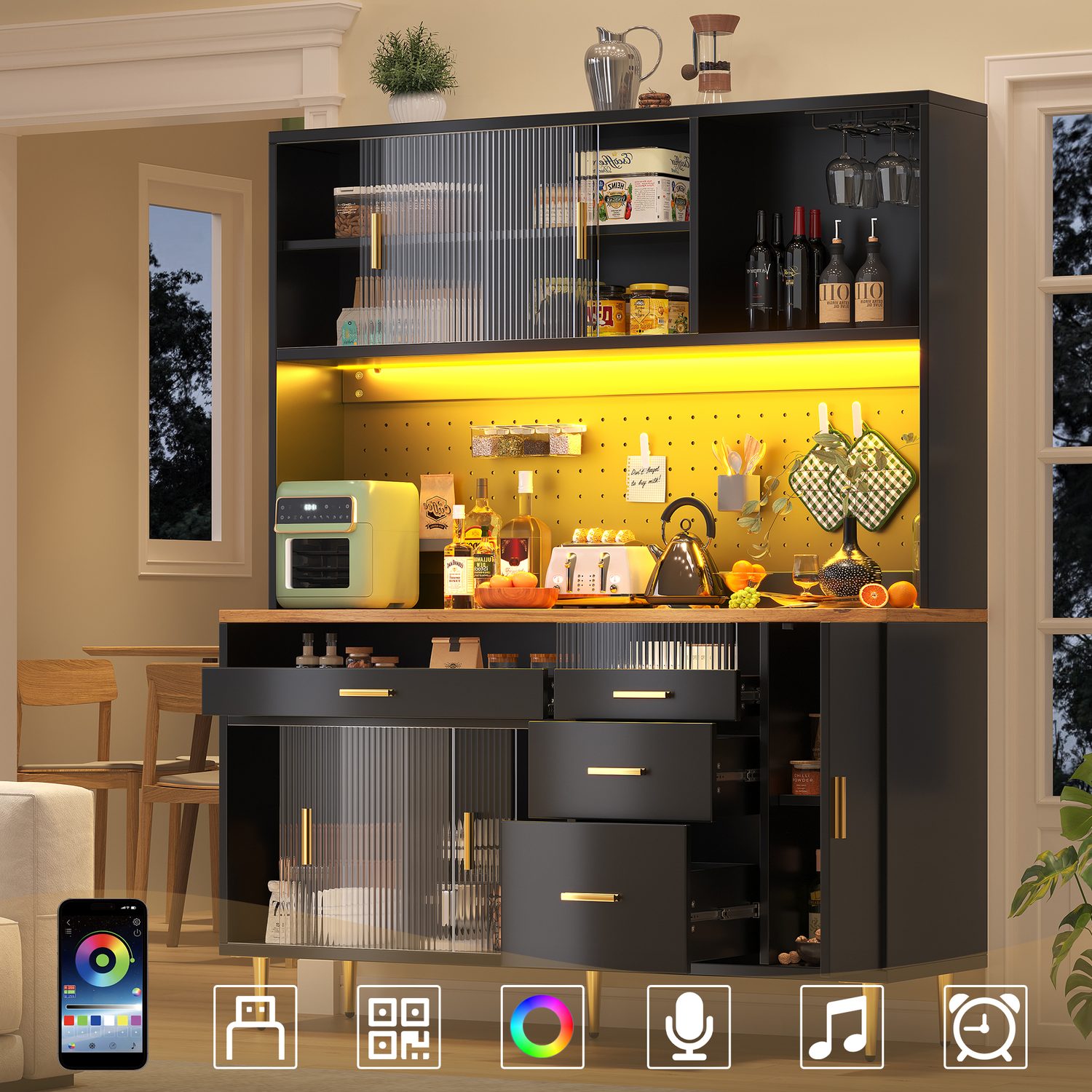 Modern Highboard with LED Lighting & Pegboard Storage
