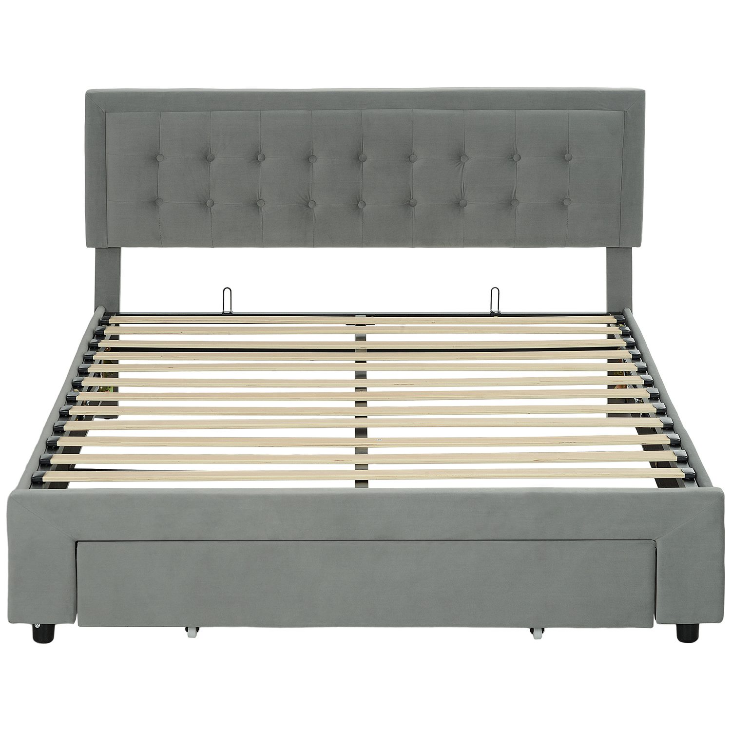 Grey king-size ottoman bed with front-loading drawer and velvet headboard