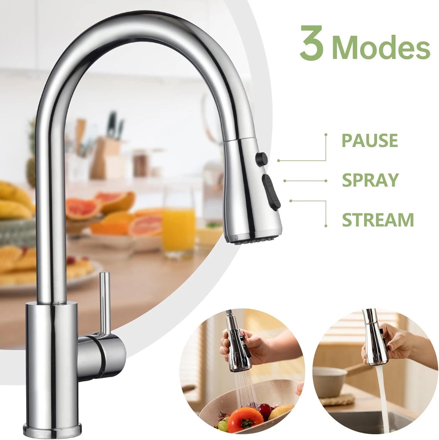 Modern stainless steel pull-out kitchen tap with a brass-finish spray head