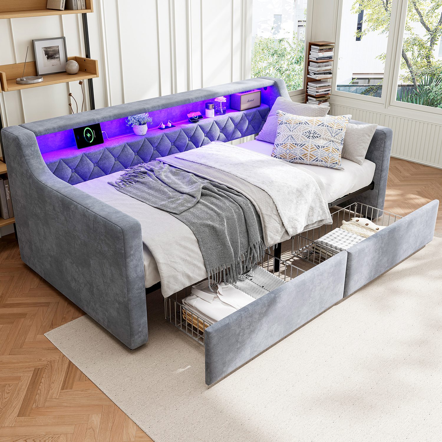 Premium grey velvet 3ft single daybed with side panel storage, USB charging and dual under-bed drawers