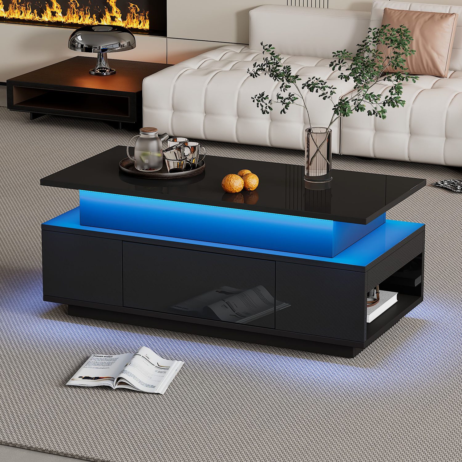 Modern Lift-Top Coffee Table with Storage & LED Lighting
