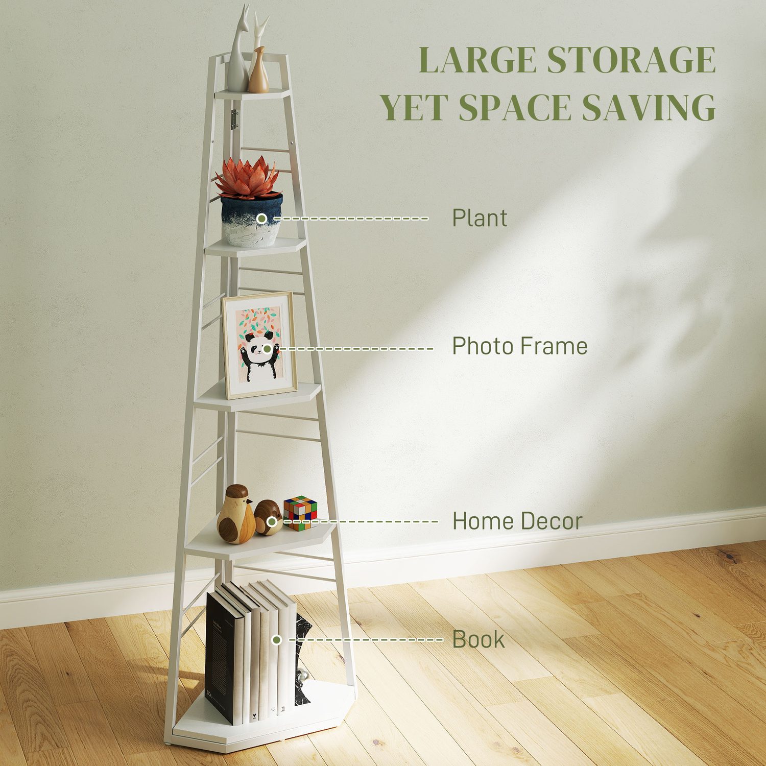 White five-tier corner ladder shelf in a UK alcove