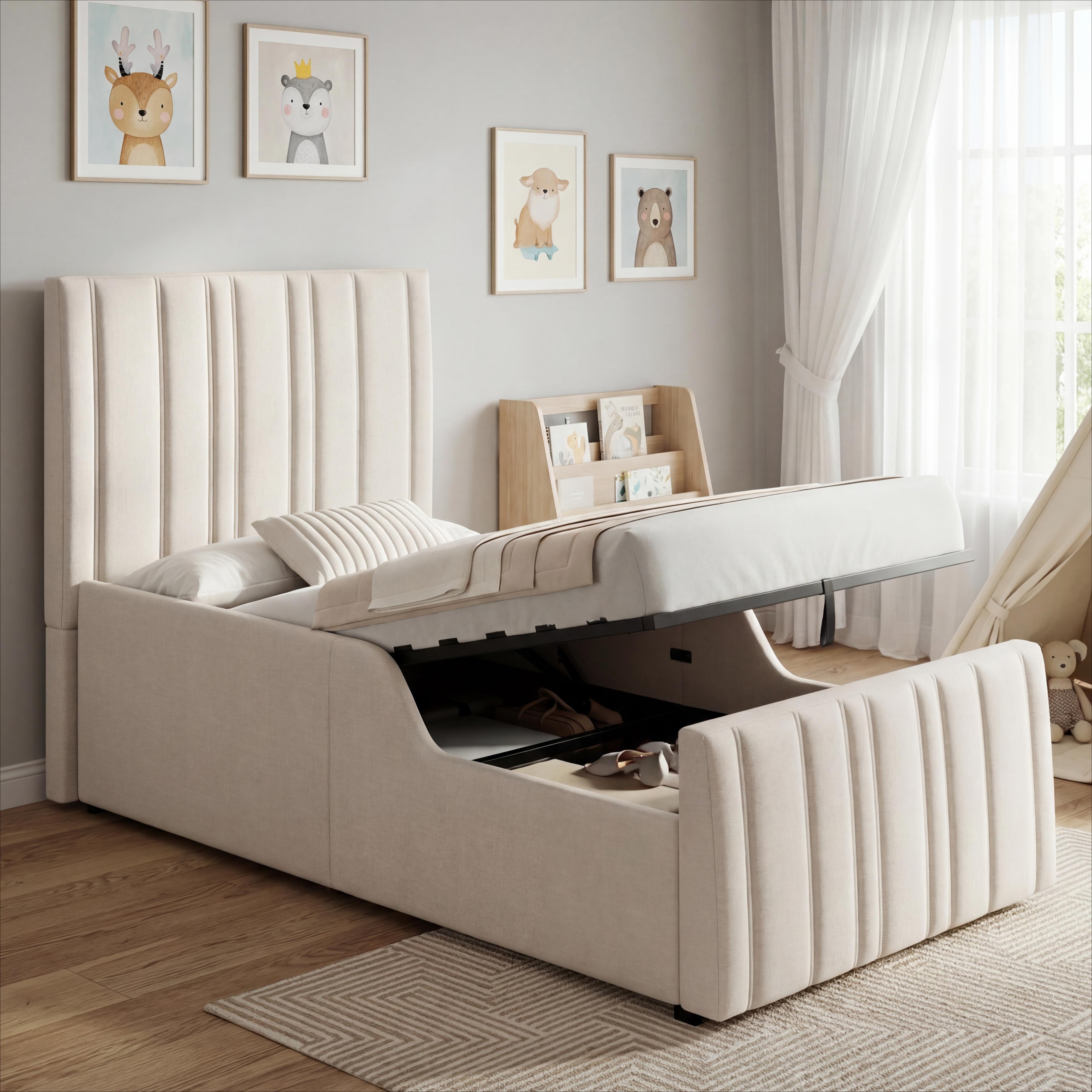 3ft Beige Linen Single Ottoman Bed with Hidden Storage