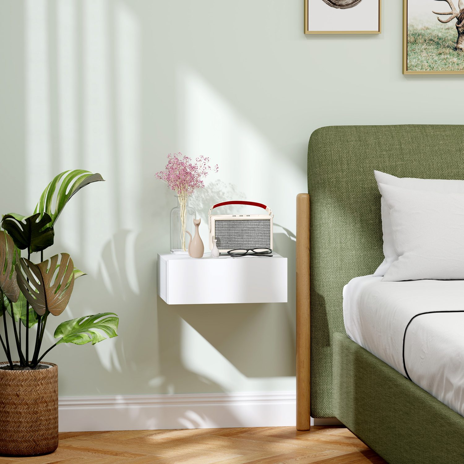White Floating Bedside Table For Small Bedrooms