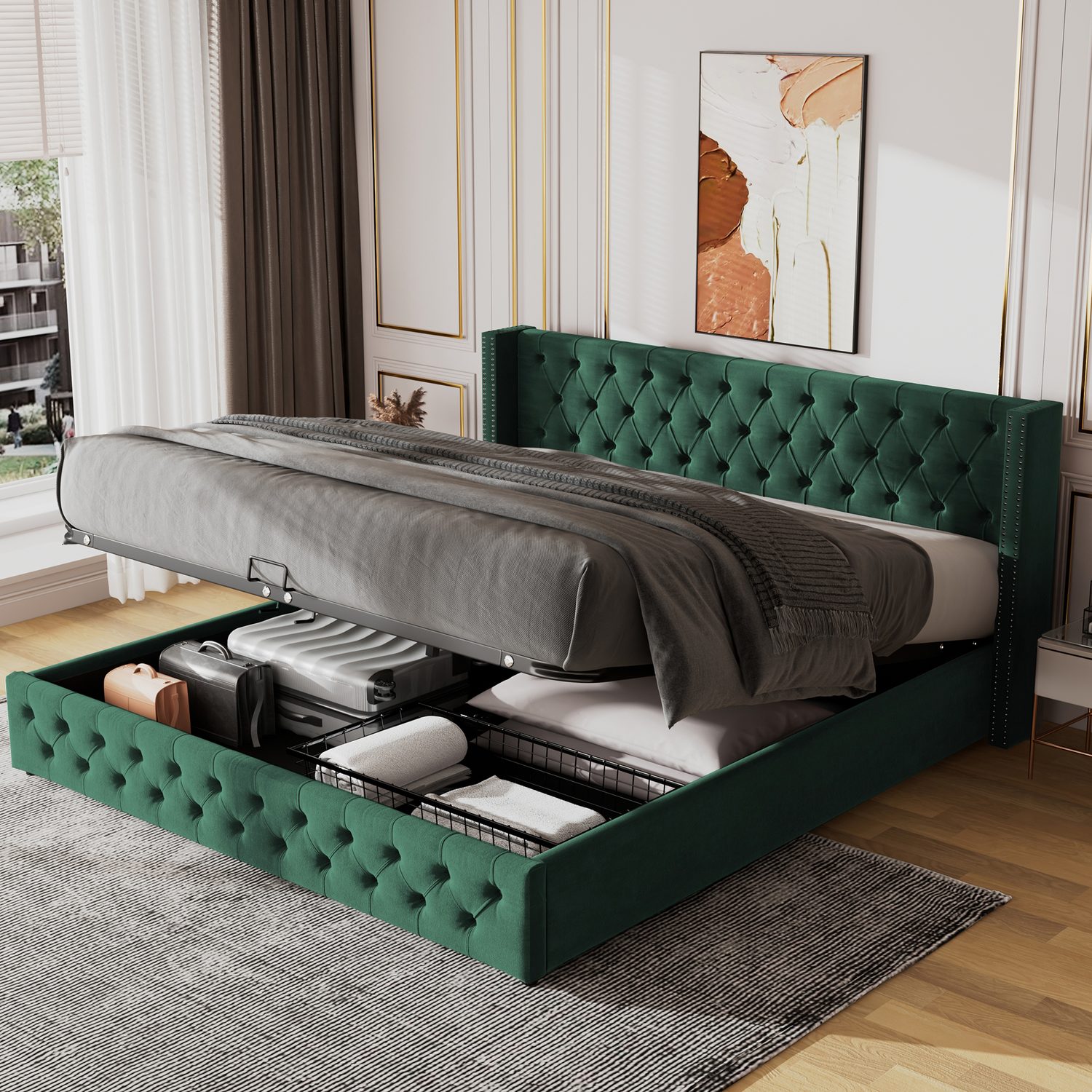 Green velvet double ottoman bed with hydraulic lift