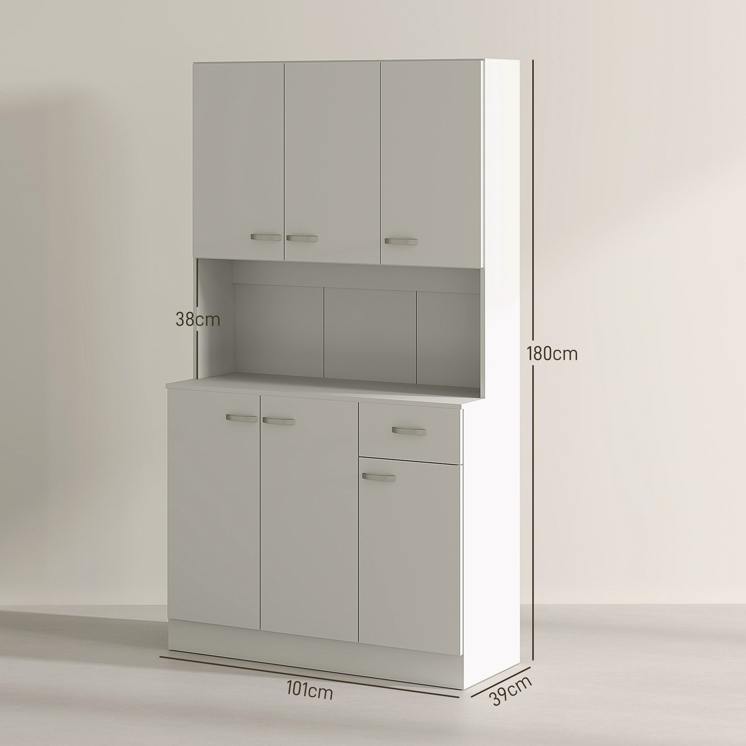 A tall white pantry cabinet with open hutch and generous storage