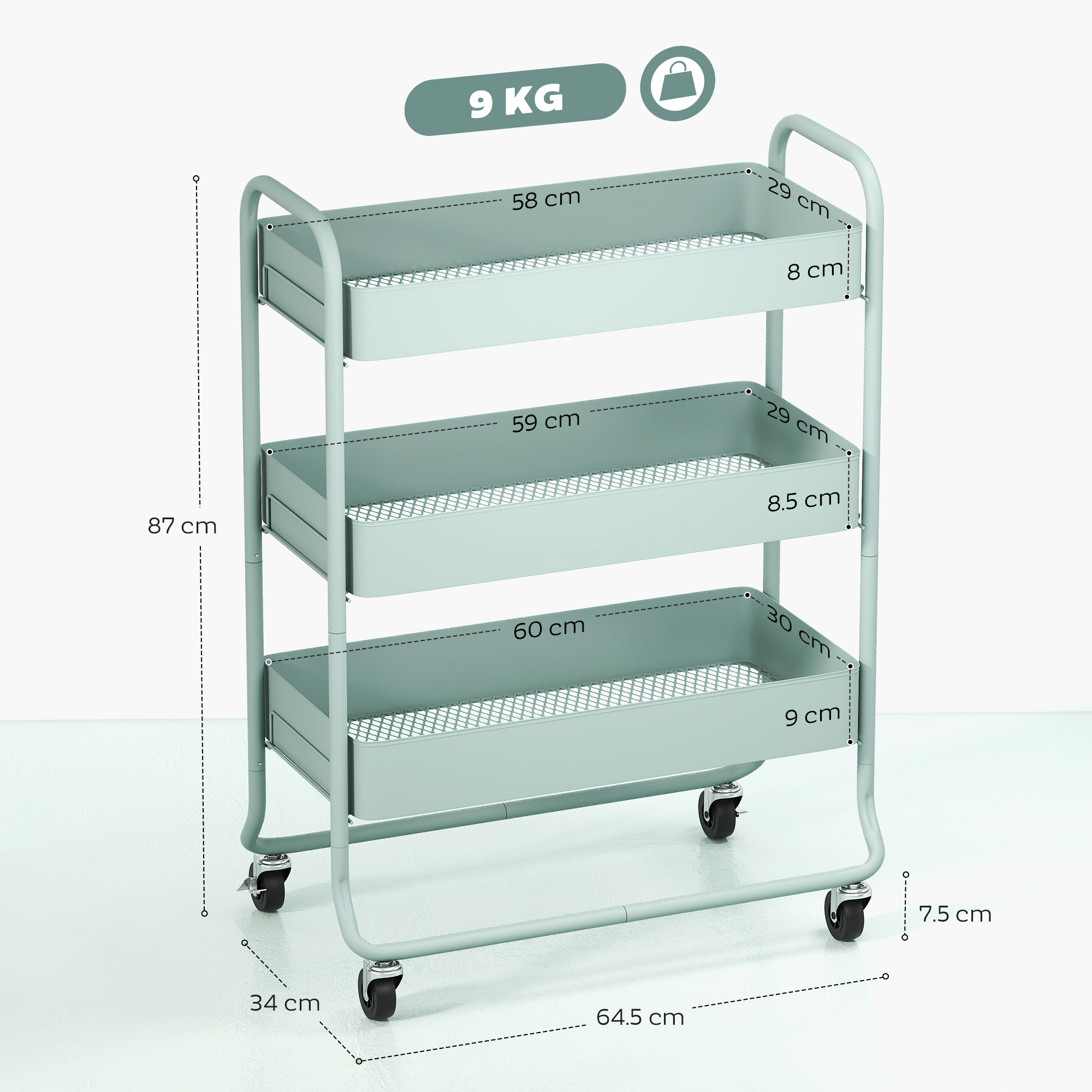 Light Green 3-Tier Storage Trolley for Flexible Rooms