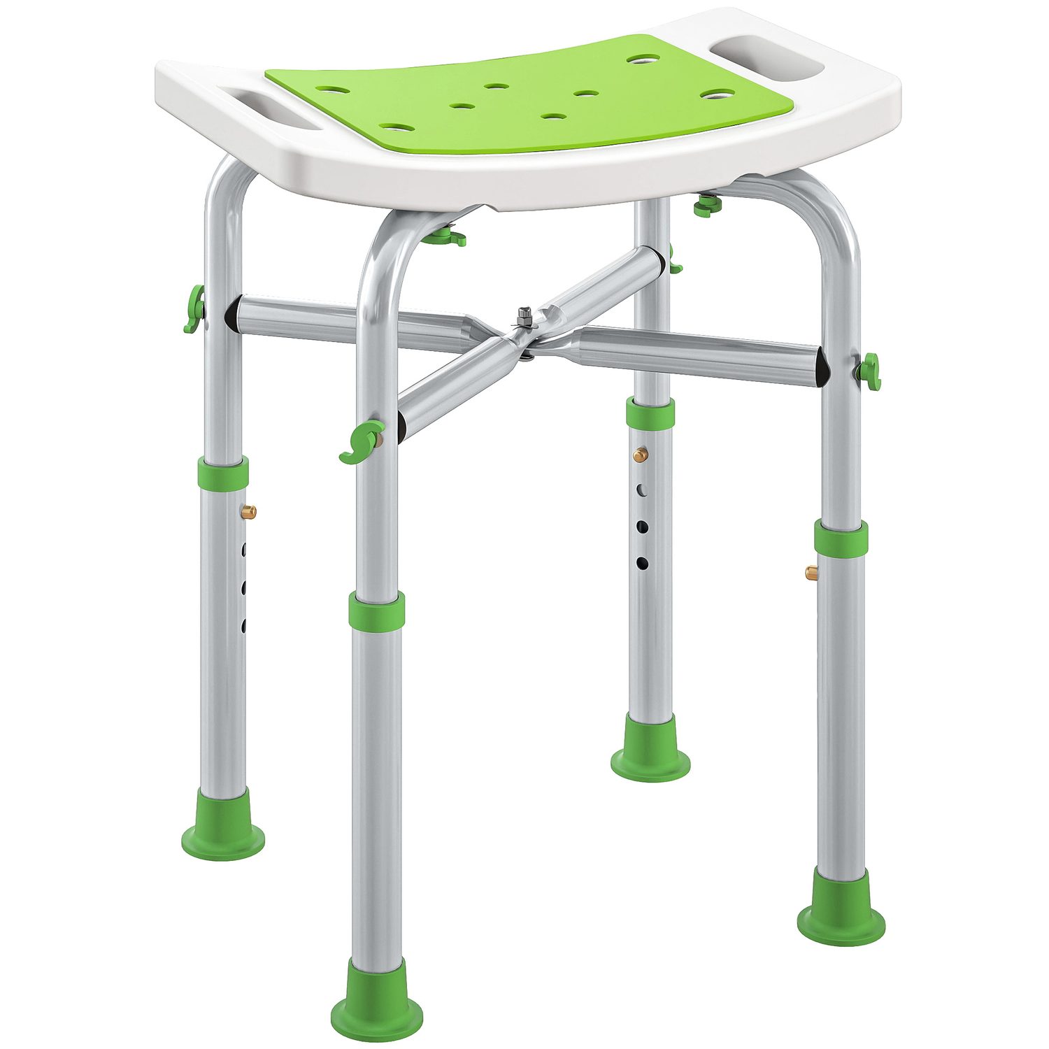 Green aluminium shower bath stool with curved padded seat and carry handles