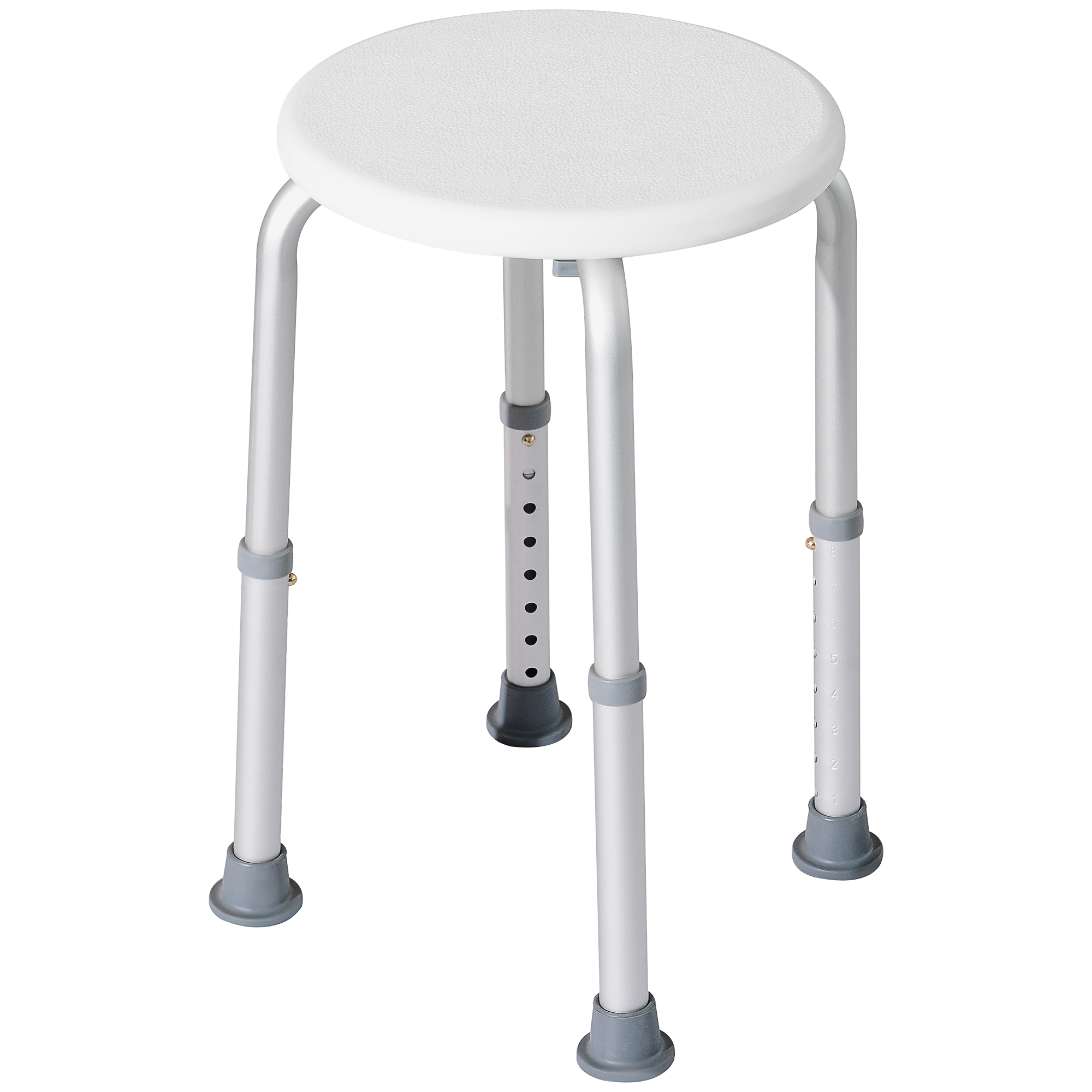 A plain aluminium shower stool with a round plastic seat and four suction-cup feet, set on a tiled shower floor.