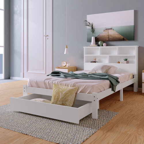 White Wooden Single Bed Frame with Storage Drawer & Shelves