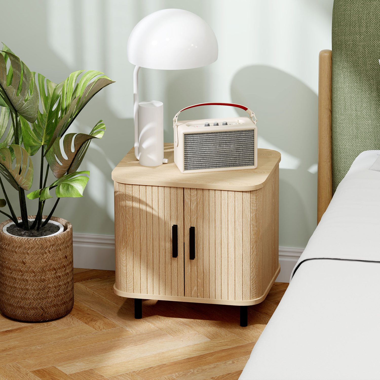 Nordic oak bedside table with roller shutter doors