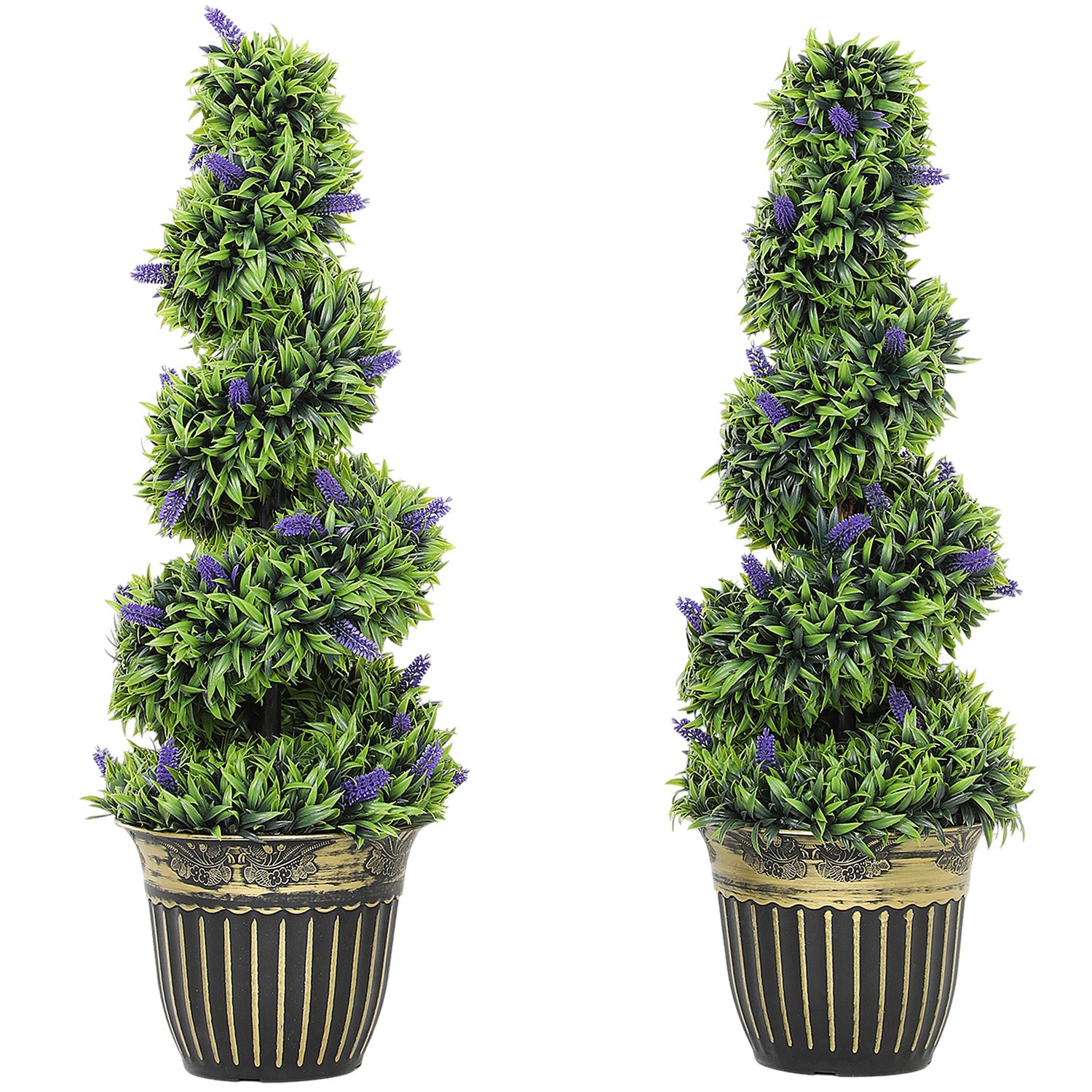 Pair of 90cm spiral-trunk lavender topiary trees in matching cement pots