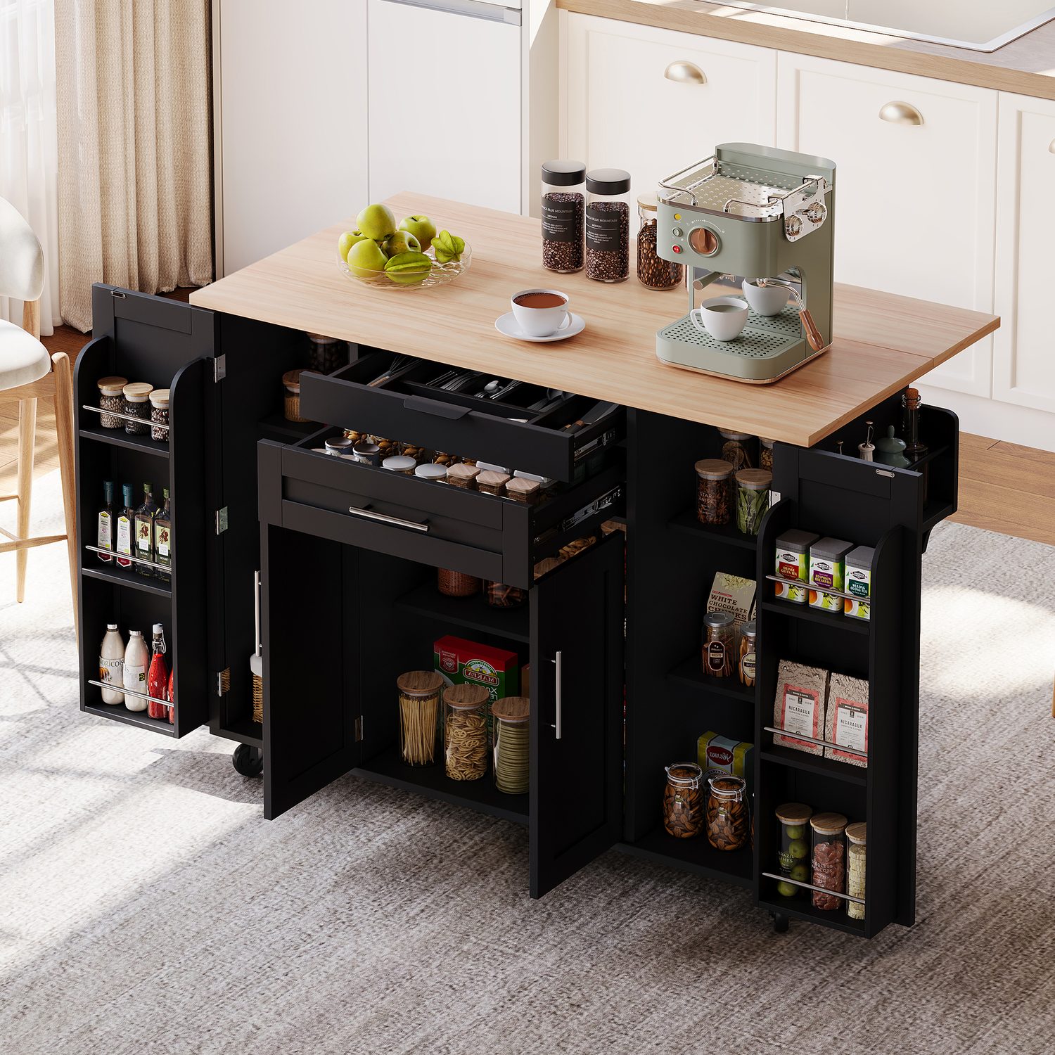 Black kitchen island with drop-leaf top and dual-sided cabinet access