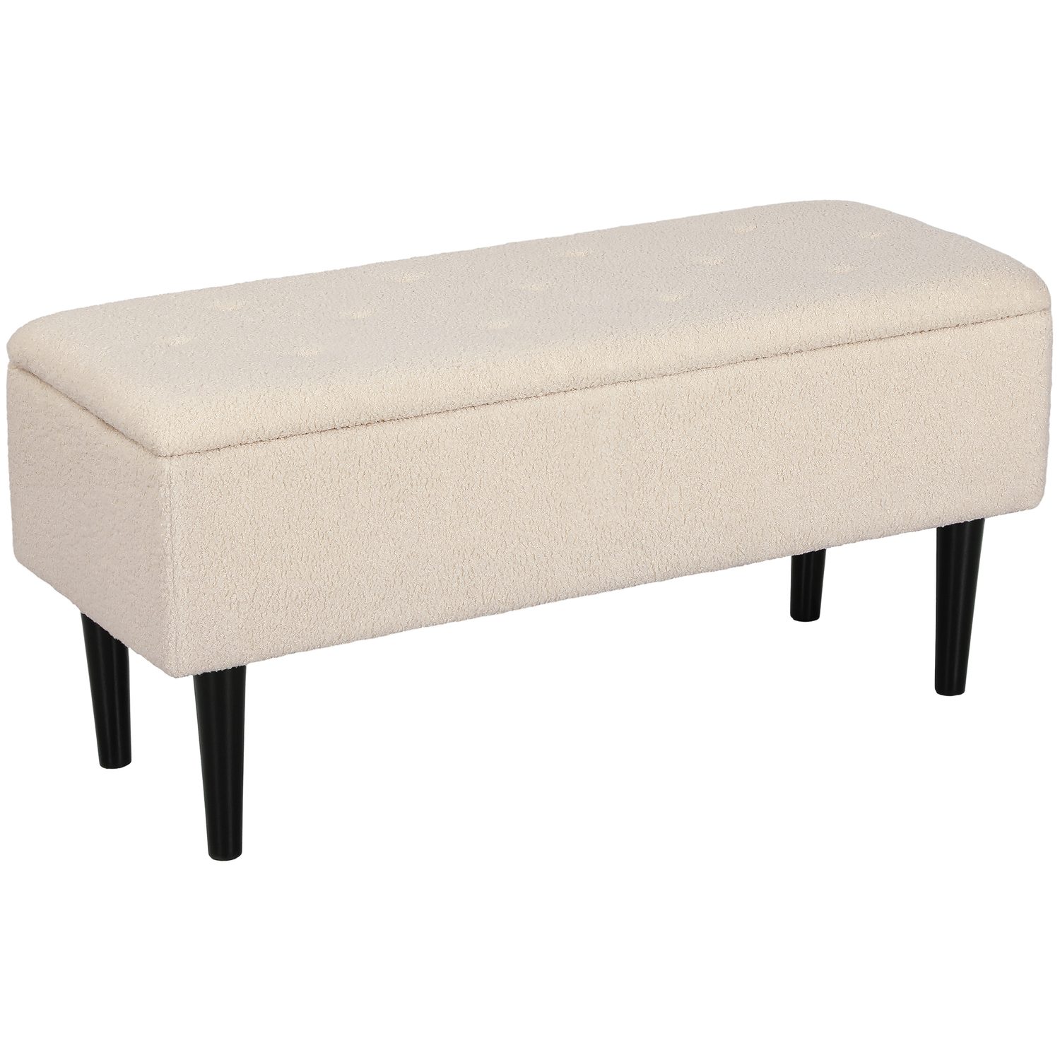 Cream teddy fleece storage ottoman with rubberwood legs