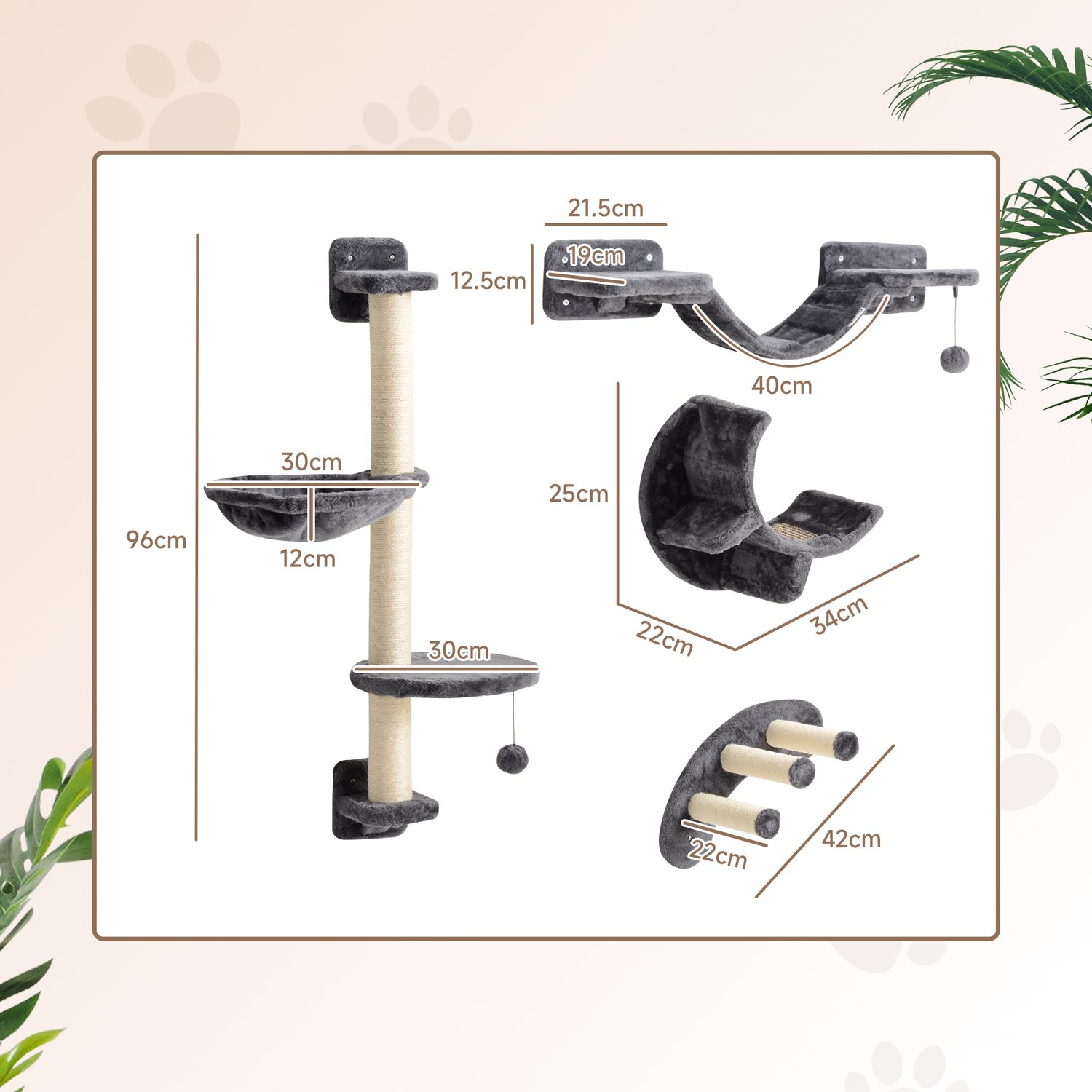 Four-Piece Cat Wall Climbing Set in Dark Grey Plush