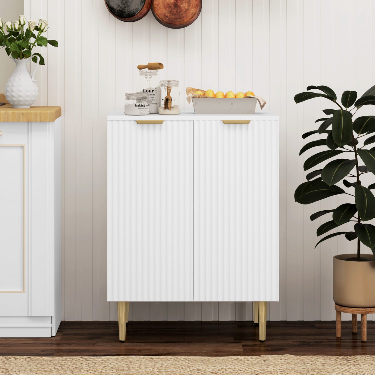 White minimalist sideboard with metal base and adjustable interior shelves