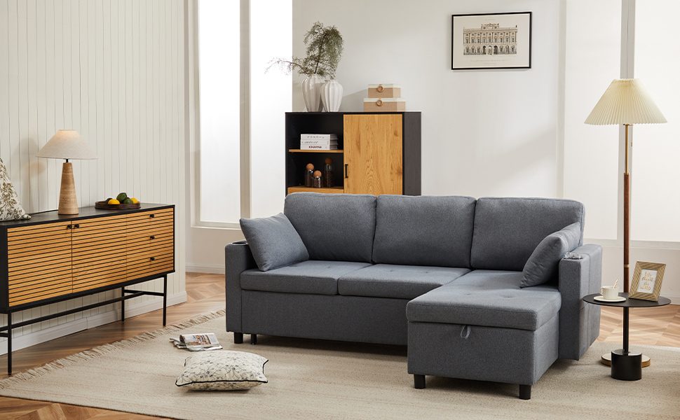 Grey L-Shaped Sofa Bed with Hidden Storage