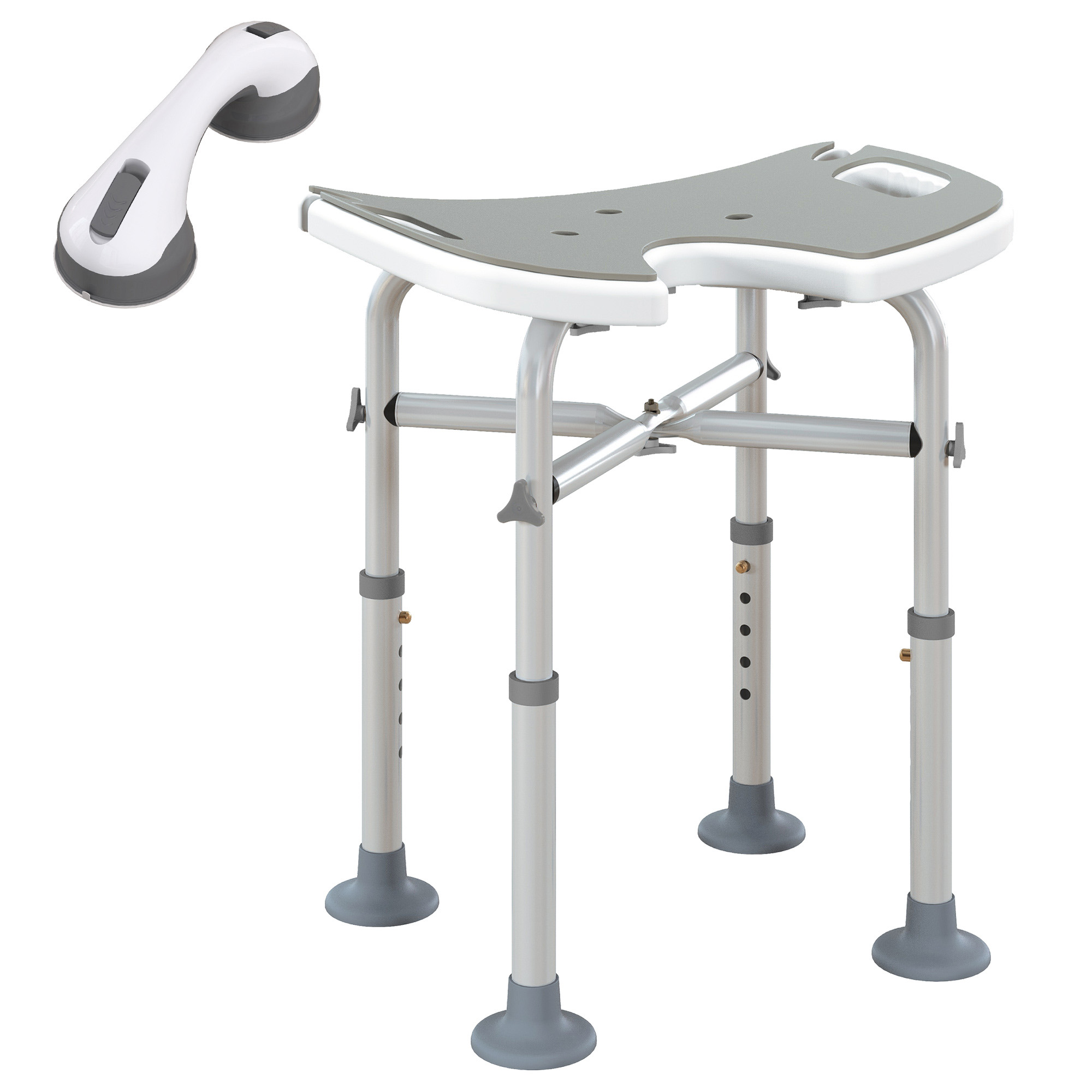 Grey shower stool with U-shaped padded seat and detachable suction grab bar