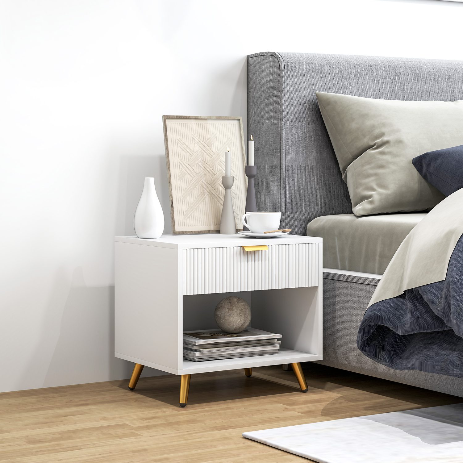 White and gold bedside table with drawer and shelf