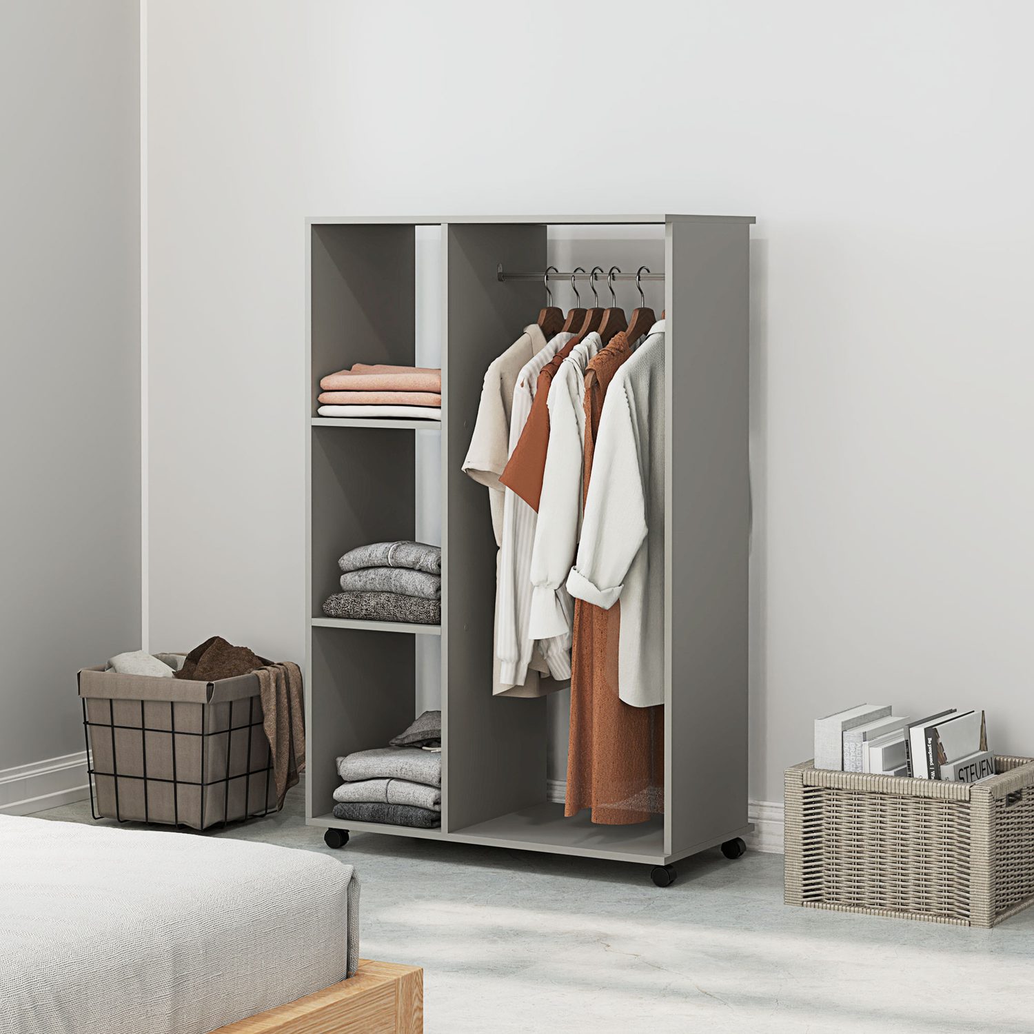 Mobile Open Wardrobe with Rail and 3 Shelves — Grey
