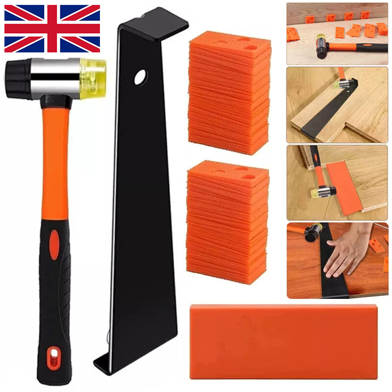 Laminate floor installation kit with tapping block, metal pull bar and a tray of plastic spacers