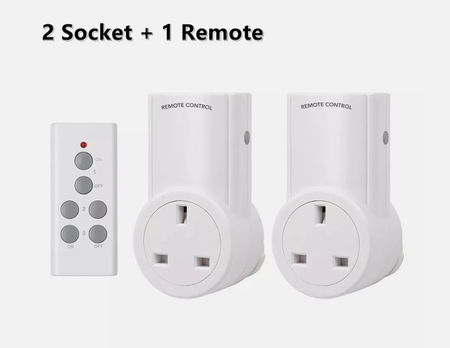 Two remote-control UK plug socket adapters and a small handheld remote.