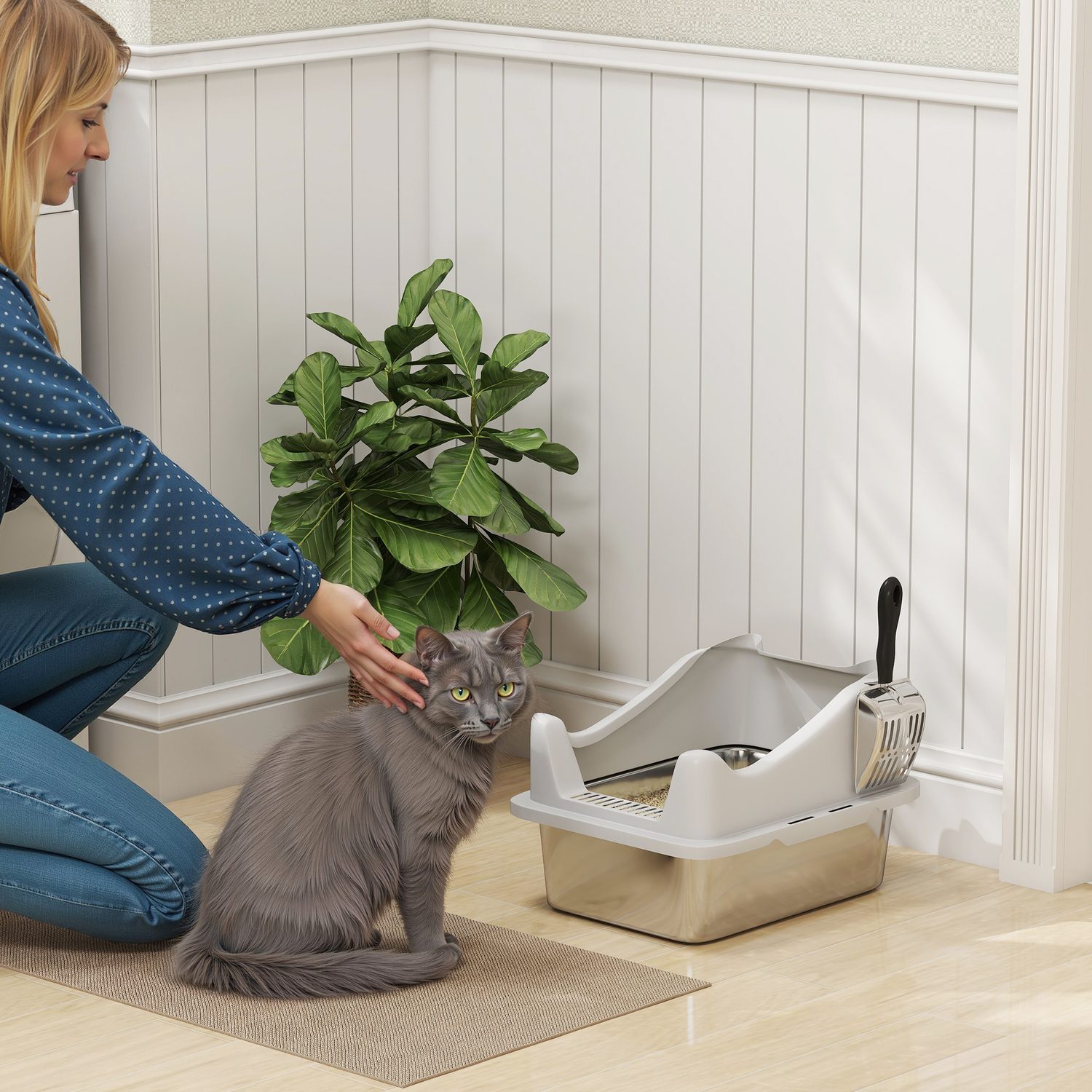 Open Cat Litter Box with Stainless Steel Base and Scoop Holder