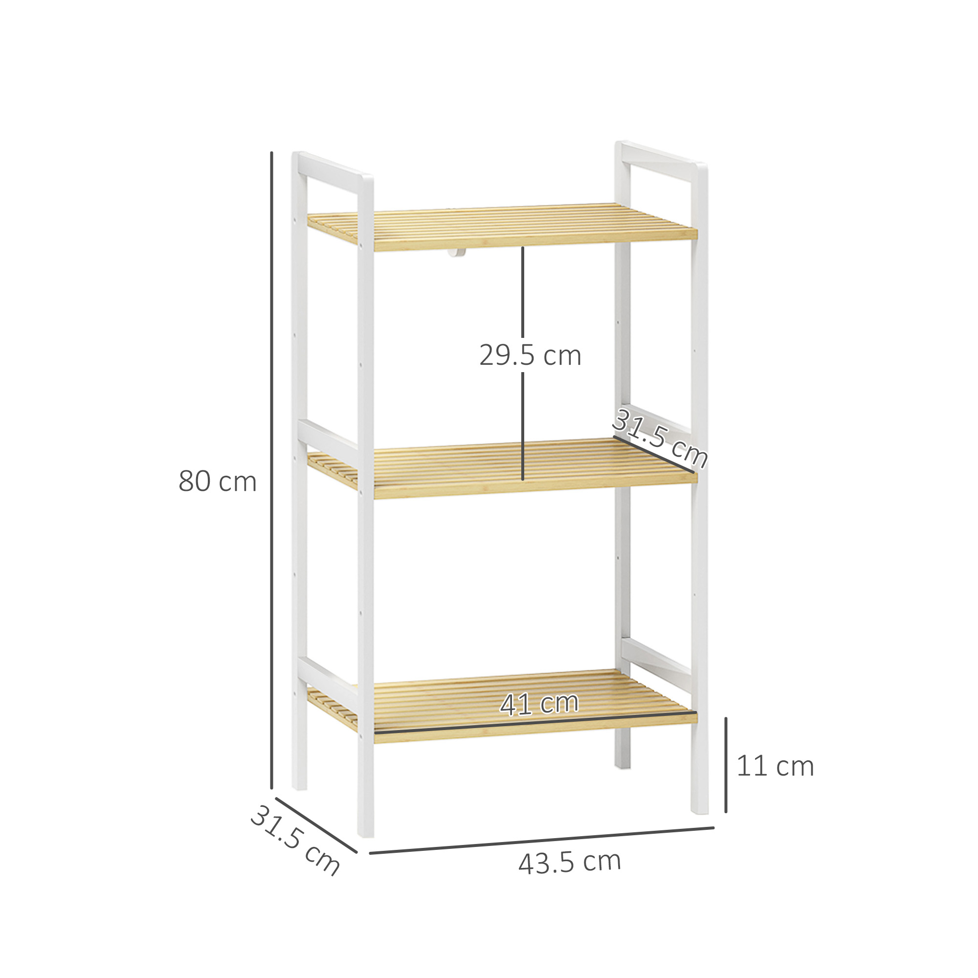 Three-tier bamboo adjustable shelf in a small UK bathroom corner