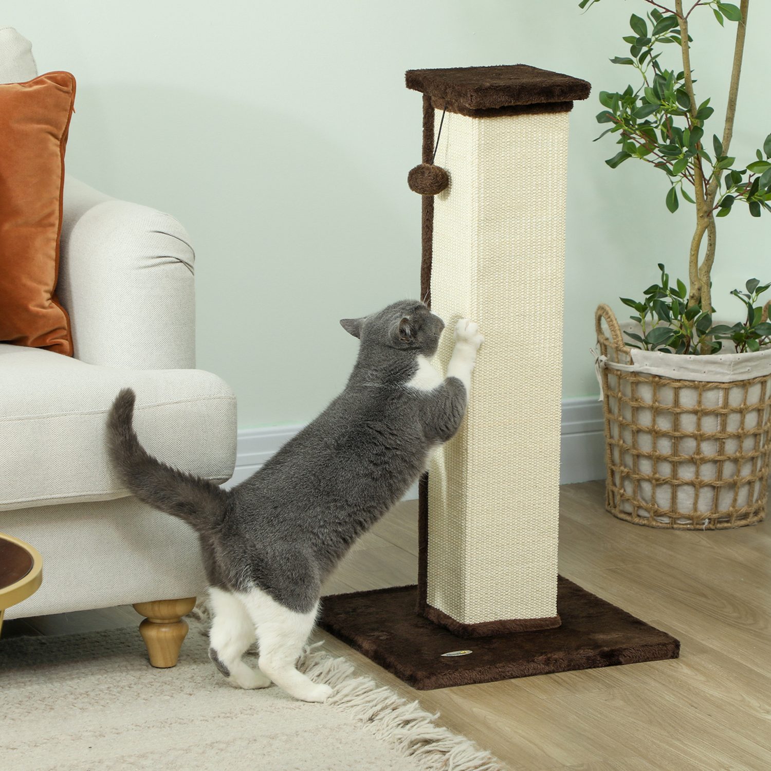 Tall Vertical Cat Scratcher with Sisal Rope and Plush Base – Brown