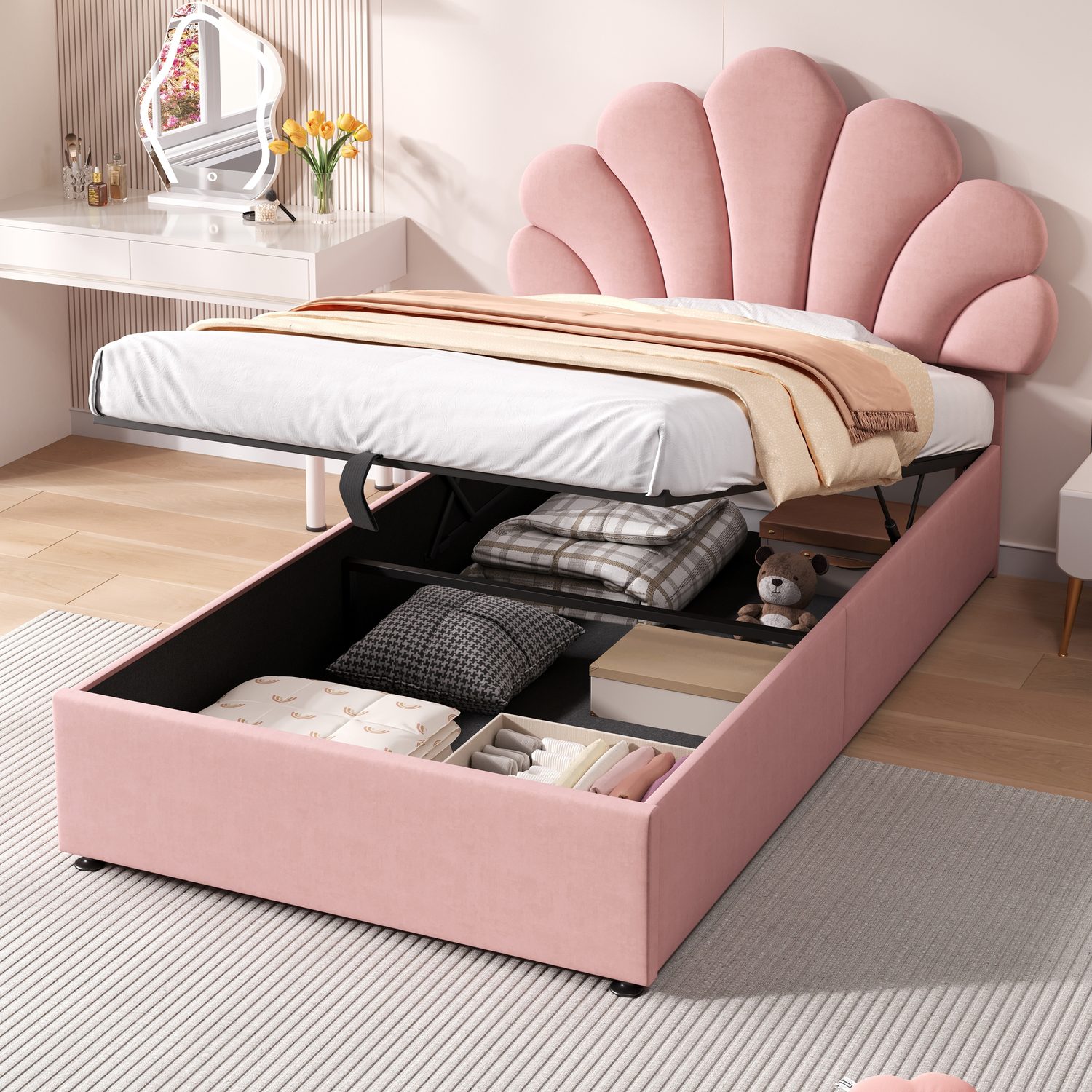 3ft single ottoman bed with adjustable velvet petal-shaped headboard