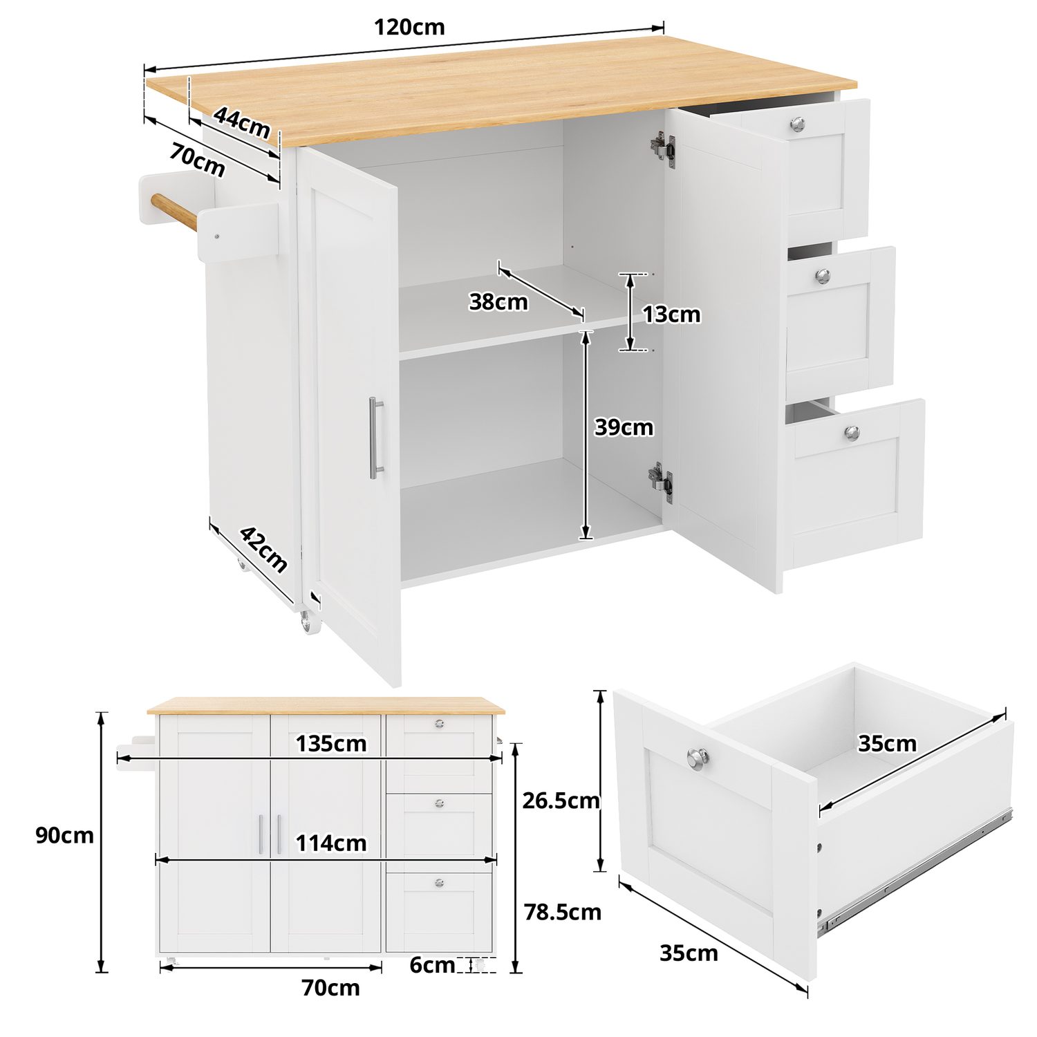 Kitchen Island on Wheels with Foldable Worktop