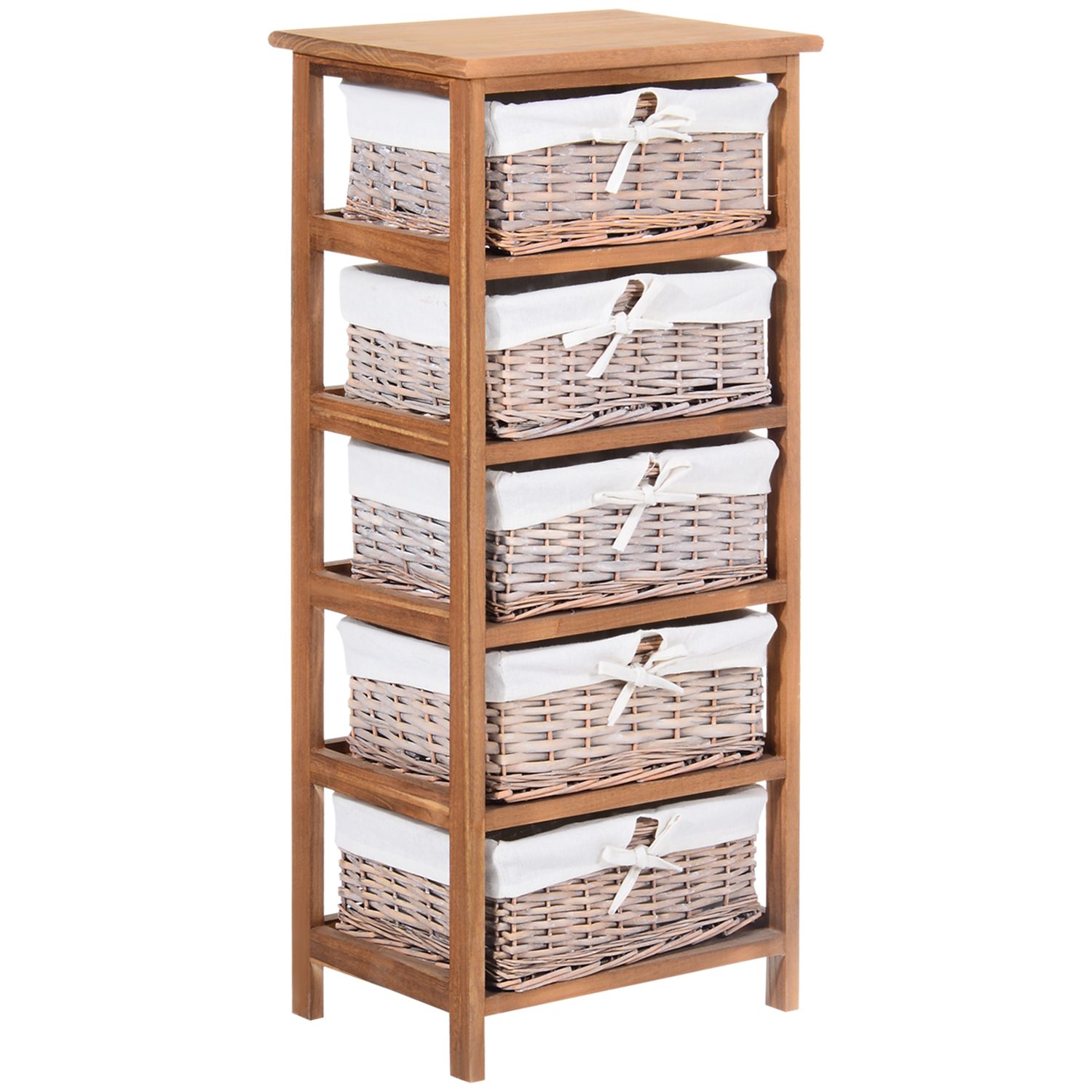 Five-drawer wicker storage unit with natural wood frame and removable fabric basket linings — designed as quiet sitting-room storage in a UK flat