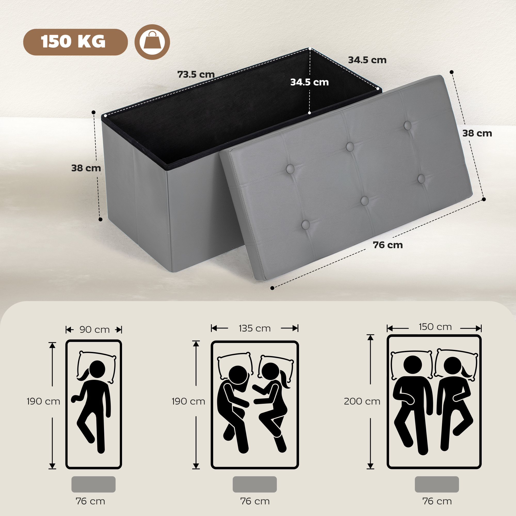 89L Folding Storage Ottoman in Grey PU Leather