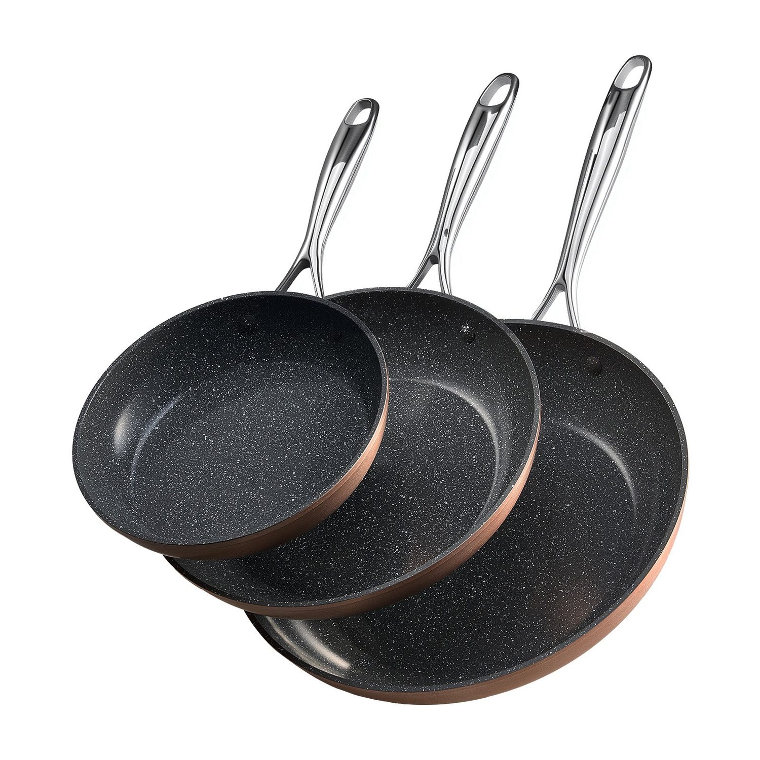 Copper-Finish Aluminium Frying Pan Set — Three Sizes for Every Hob