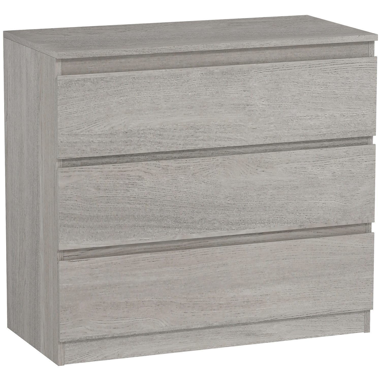 Grey wood-effect three-drawer handleless chest of drawers with raised black feet