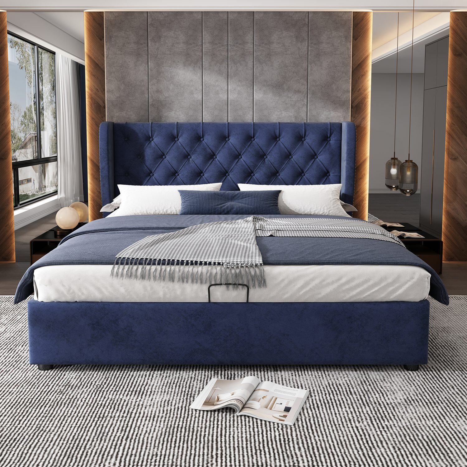 Blue Velvet Ottoman Bed with Effortless Hydraulic Storage
