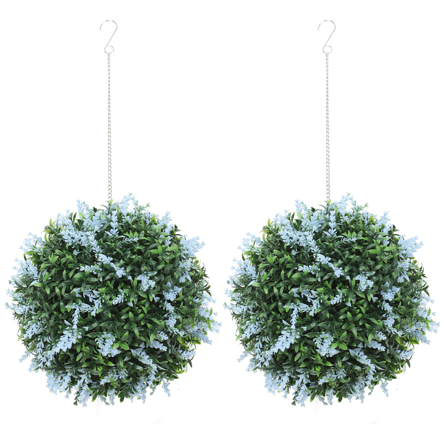 Pair of hanging artificial topiary balls with blue flower flecks and chain