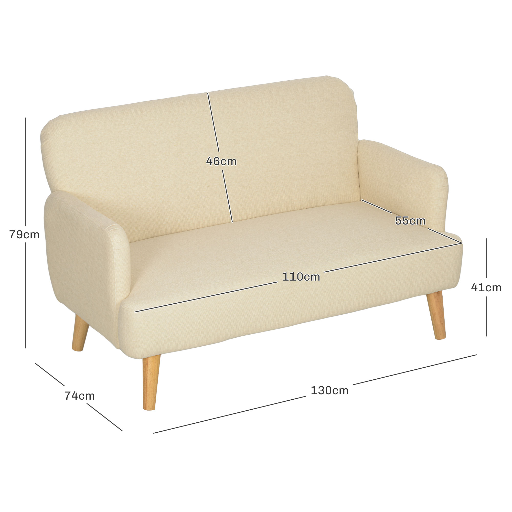 2-Seater Sofa in Cream Woven Fabric with Tapered Wood Legs
